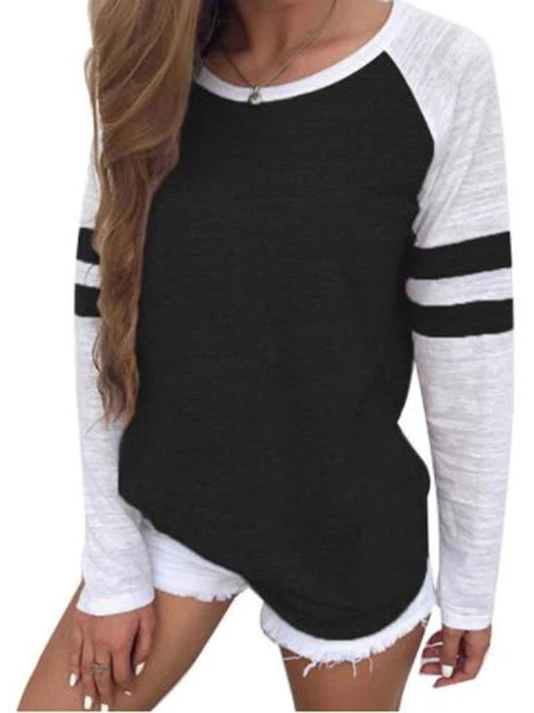 WOMEN'S ROUND NECK PANELED LONG SLEEVES CASUAL T-SHIRT