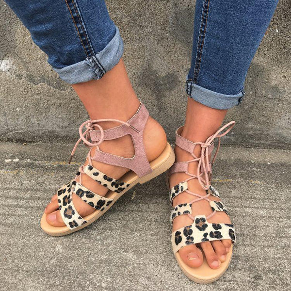 Leopard Patchwrok Lace-up Sandals Peep-toe Shoes