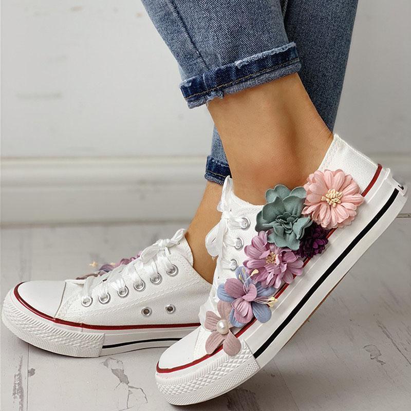 Women Floral Embellished Lace-Up Casual Sneakers