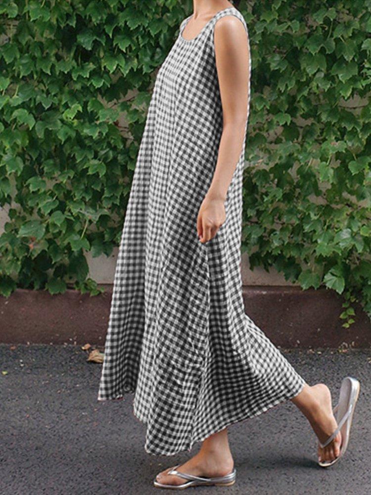 Casual Square Neck Cocoon Plaid Dress