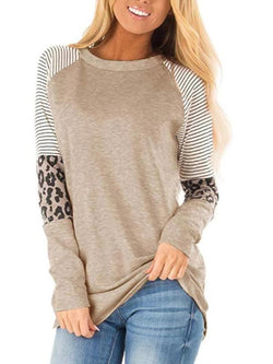 LEOPARD PRINT STRIPED ROUND COLLAR LONG SLEEVE T-SHIRTS