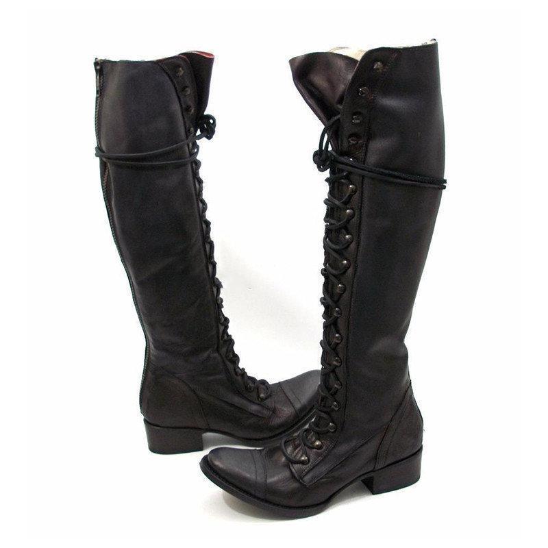 Women Winter Vintage Boots Lace-up Knee-high Shoes