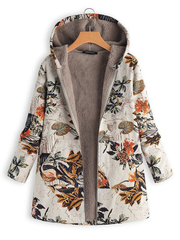 WOMEN FLORAL LONG SLEEVE HOODIE POCKETS WINTER PLUS SIZE COAT