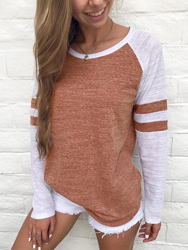 WOMEN'S ROUND NECK PANELED LONG SLEEVES CASUAL T-SHIRT