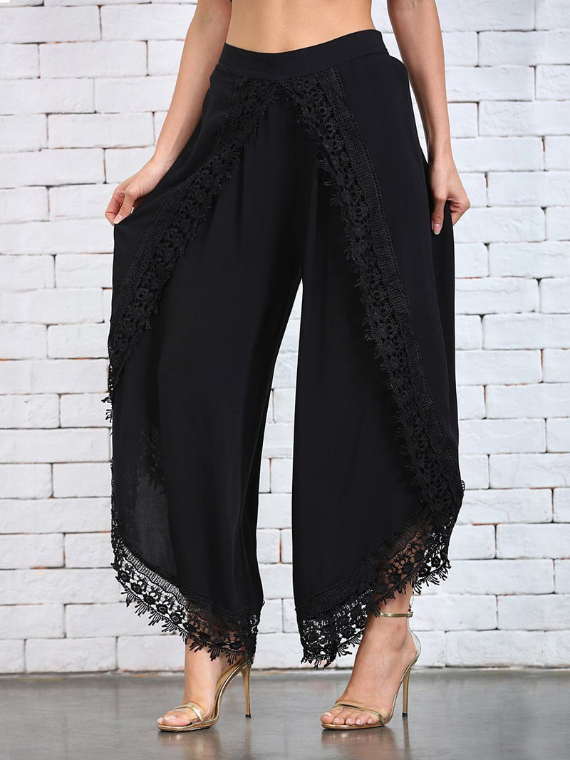 Womens Black Lace-Trim Tulip Pants