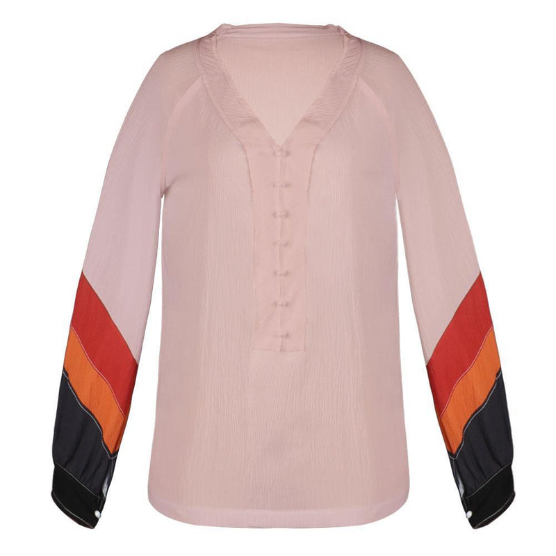 Women Color-Block Balloon Sleeve Casual Blouse